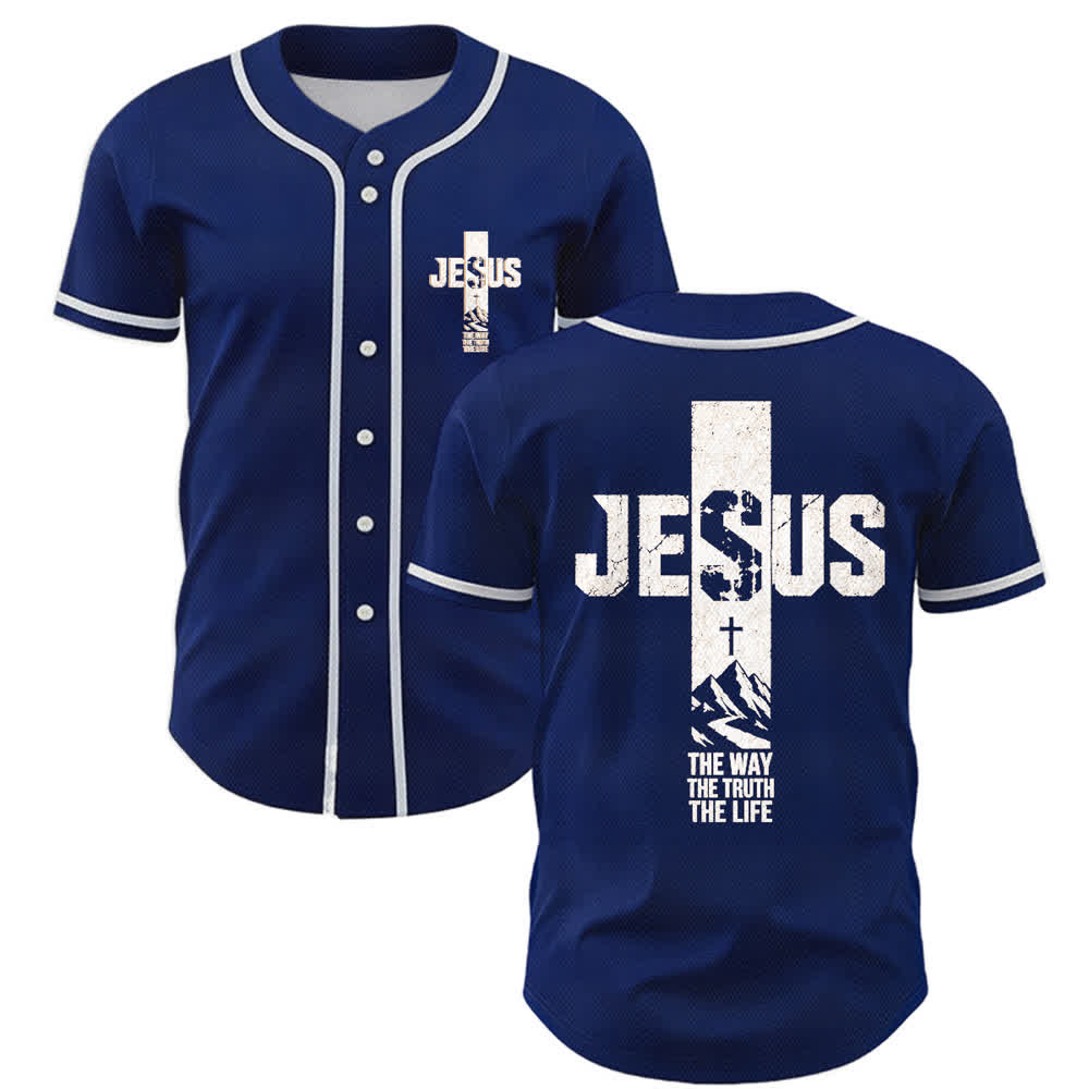 Christianartworkshop Jesus Cross Distressed Button Front Baseball Jersey - Navy - 5XL - image 49