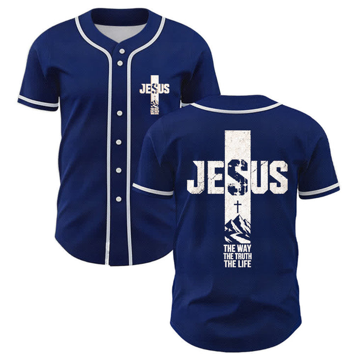 Christianartworkshop Jesus Cross Distressed Button Front Baseball Jersey - Navy - 5XL - image 49