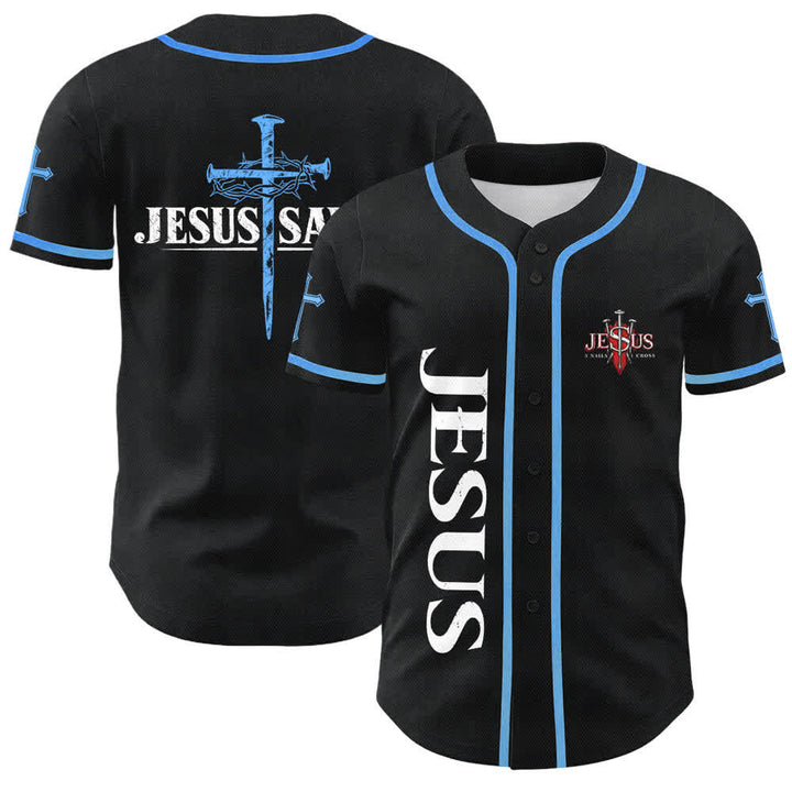 Christianartworkshop Jesus Saves Thorn Crown Black Baseball Jersey - Sky Blue - 5XL - image 28