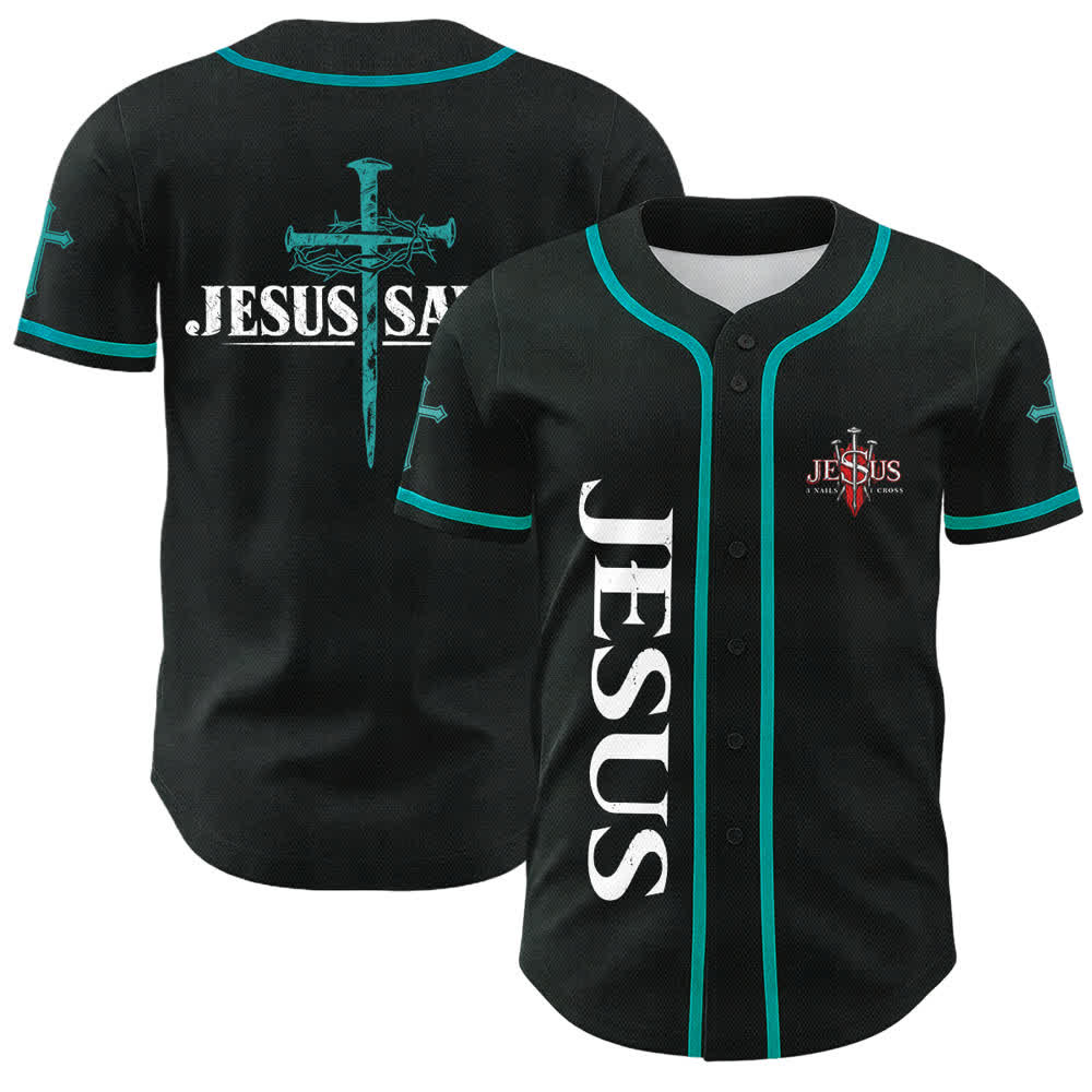 Christianartworkshop Jesus Saves Thorn Crown Black Baseball Jersey - Lake Blue - 5XL - image 35