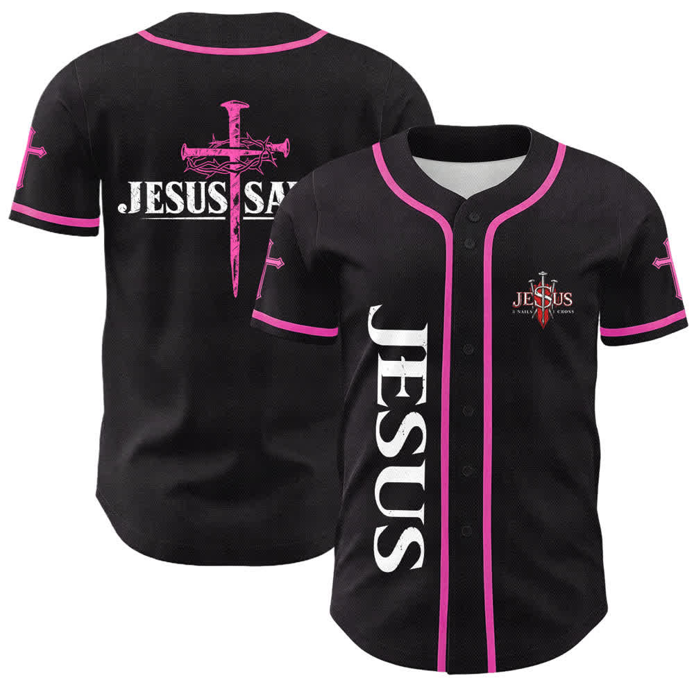 Christianartworkshop Jesus Saves Thorn Crown Black Baseball Jersey - Pink - 5XL - image 42
