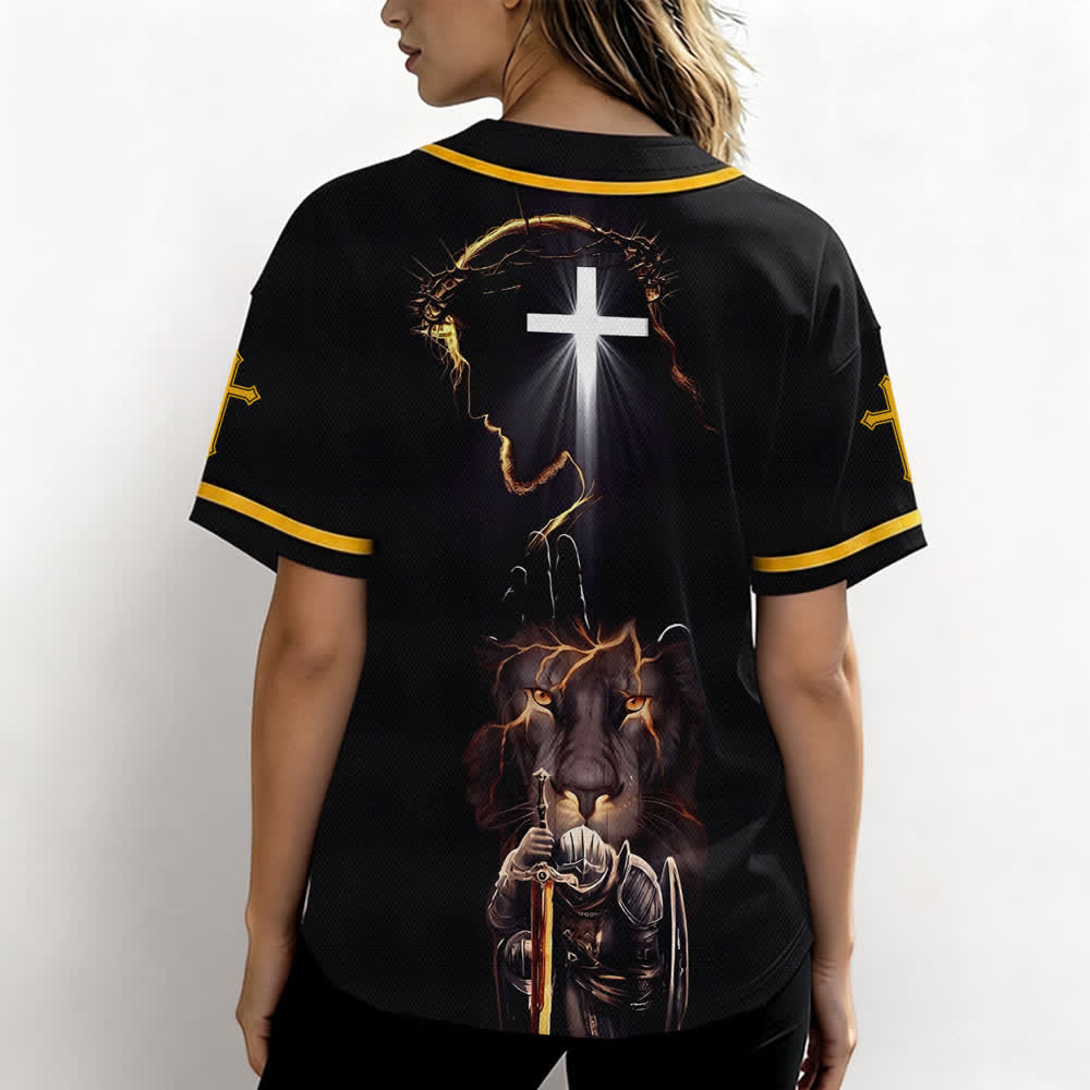 Christianartworkshop Jesus Lion Armor Black Button Up Baseball Jersey - image 17