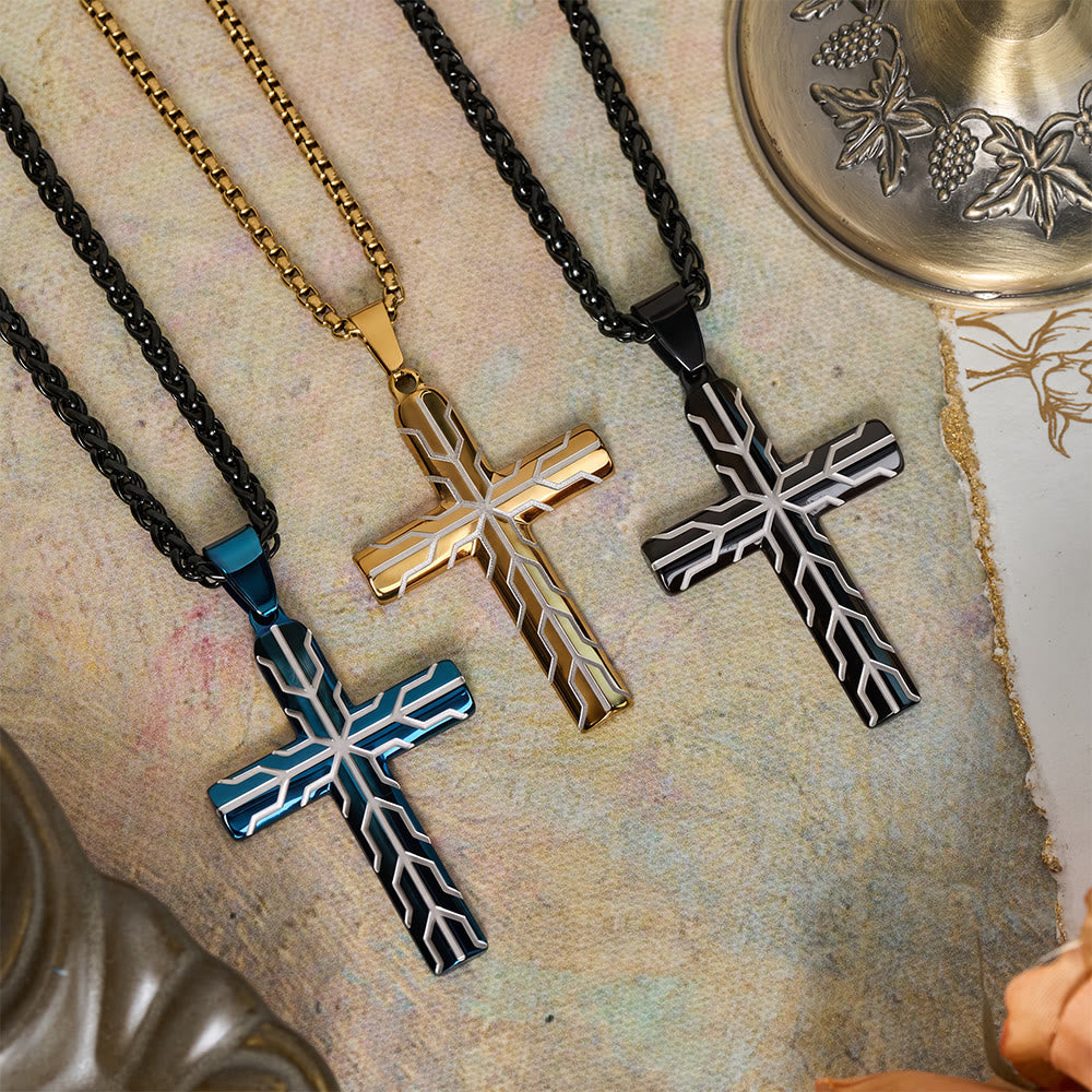 Christianartworkshop Gloss Golden & Blue Lightning Pattern Engraved Cross Pendant Necklace: Timeless Emblem of Gentle Heavenly Guardianship - image 1