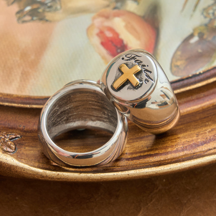 Christianartworkshop Relief Motif Signet Ring Cross And Holy Spirit Charms: Emblem of Serene Divine Inspiration - image 2