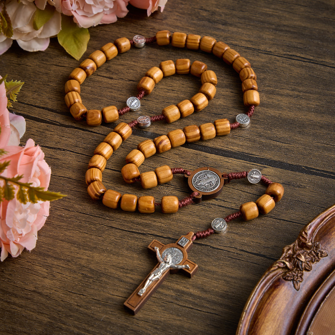 Christianartworkshop Wooden Bead Rosary With Detailed Crucifix: Emblem of Heavenly Solace - St.Benedict & Crucifix - image 0