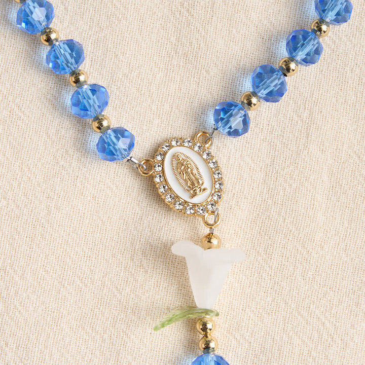 Christianartworkshop Translucent Blue Glass Lily Rosary With Pearl‑Adorned Cross: Emblem Of Pure Heavenly Serenity - image 6