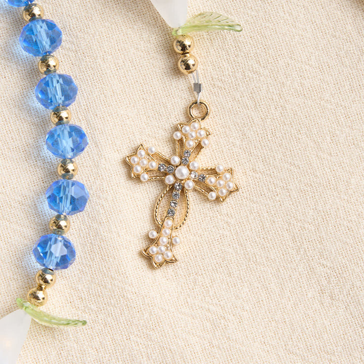 Christianartworkshop Translucent Blue Glass Lily Rosary With Pearl‑Adorned Cross: Emblem Of Pure Heavenly Serenity - image 7