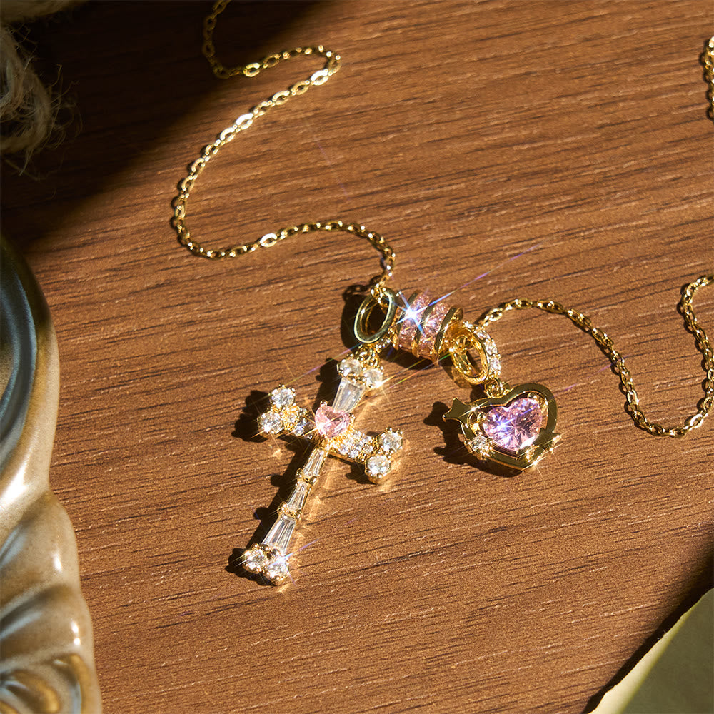 Christianartworkshop Delicate Paved Crystal Cross Necklace: Emblem of Quiet Celestial Safeguard - Golden Cross & Heart - image 2
