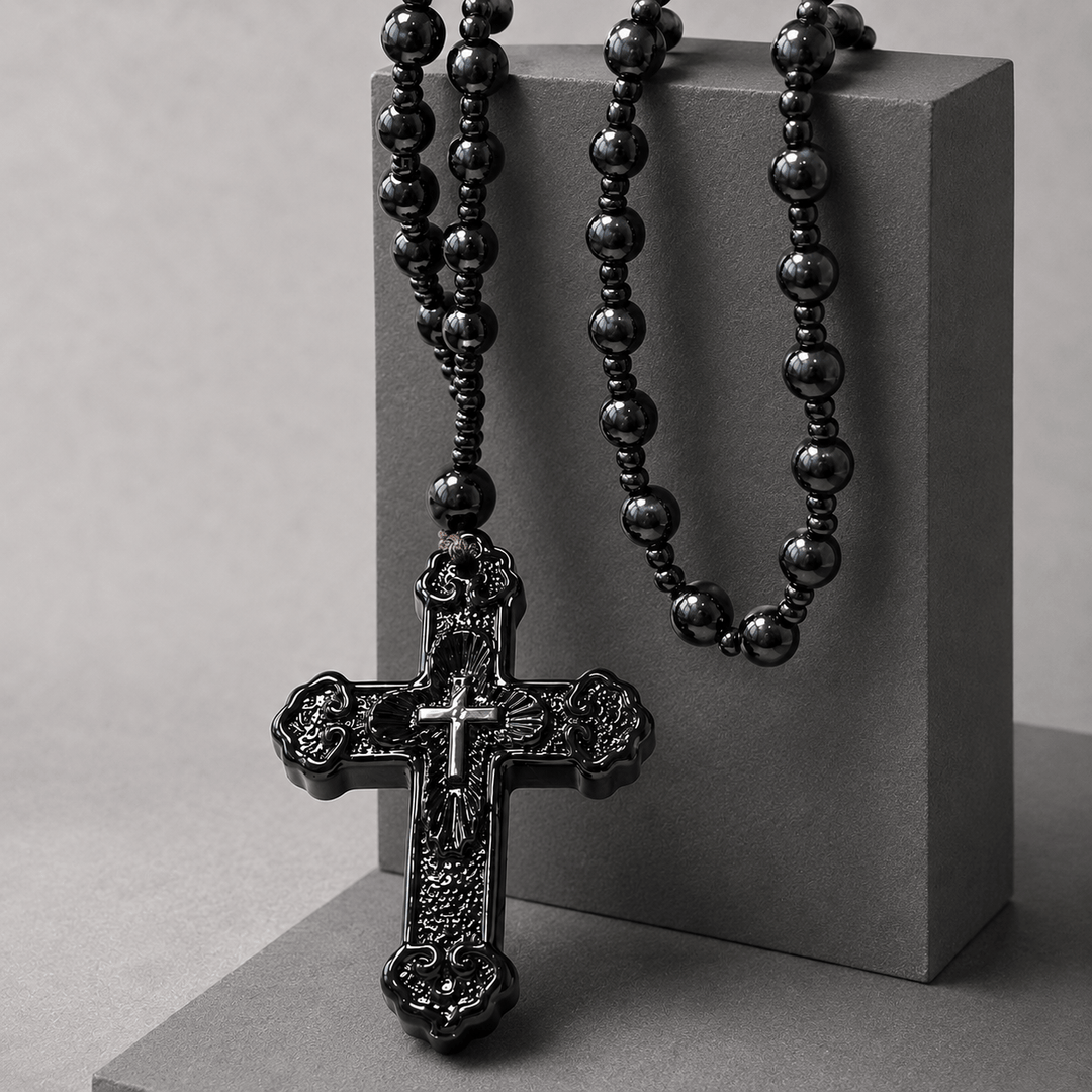 Christianartworkshop Textured Glass Cross Pendant With Beaded Strand: Emblem of Serene Divine Grace - image 2