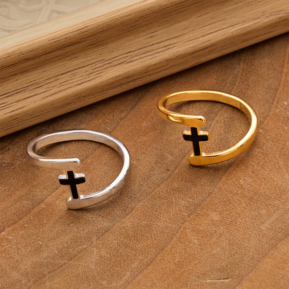 Christianartworkshop Curved Frame Black Inlay Cross Ring: Token of Enduring Celestial Guidance - image 1