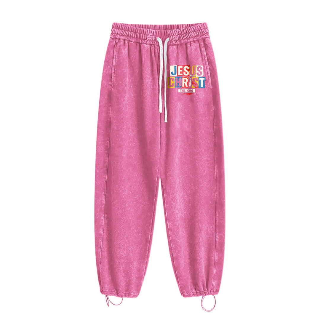 Christianartworkshop Retro Multi‑Color Jesus Christ The King Statement Washed Sweatpants - Brown - XL - image 8