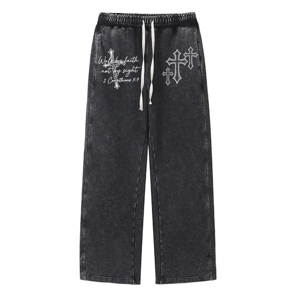 Christianartworkshop Scripture Walk By Faith Ornate Cross Statement Washed Sweatpants - Black - 2XL - image 0