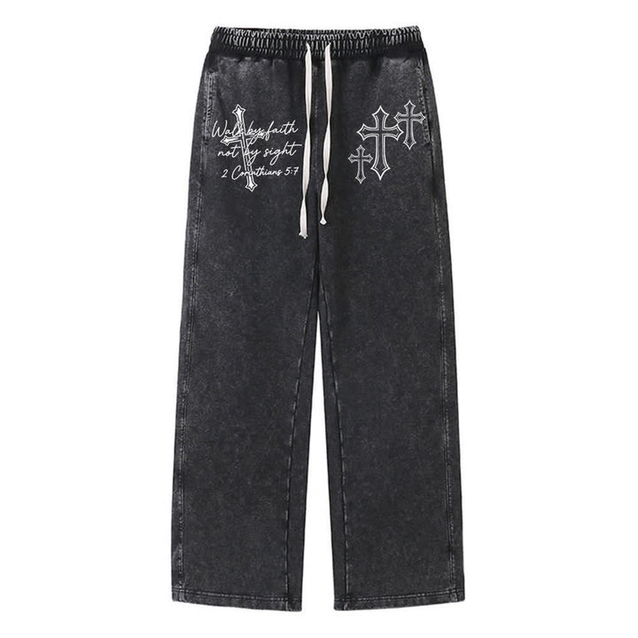Christianartworkshop Scripture Walk By Faith Ornate Cross Statement Washed Sweatpants - Black - 2XL - image 0
