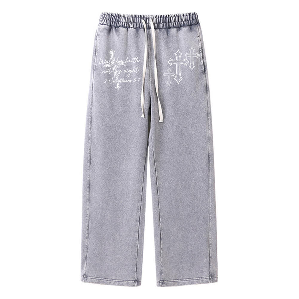 Christianartworkshop Scripture Walk By Faith Ornate Cross Statement Washed Sweatpants - Grey - 2XL - image 5