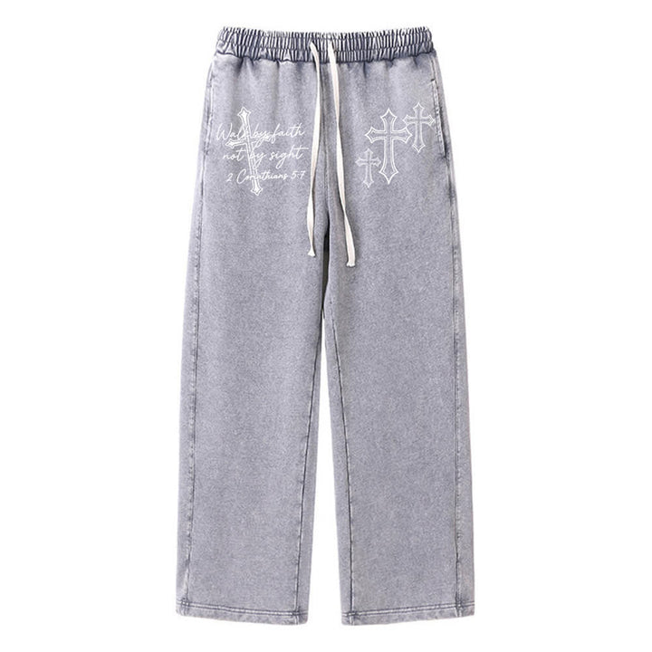 Christianartworkshop Scripture Walk By Faith Ornate Cross Statement Washed Sweatpants - Grey - 2XL - image 5