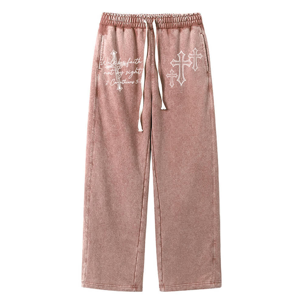 Christianartworkshop Scripture Walk By Faith Ornate Cross Statement Washed Sweatpants - Brown - 2XL - image 11