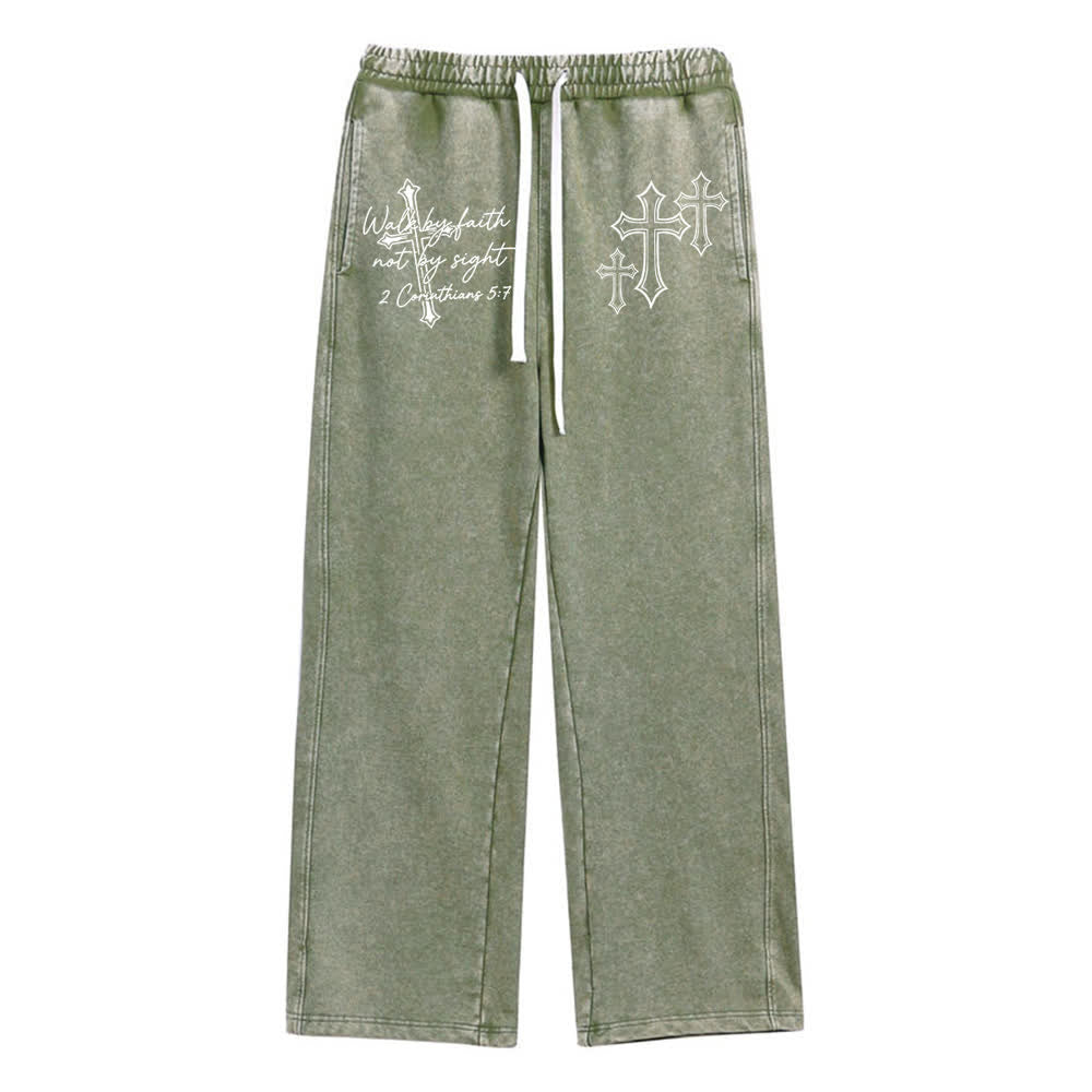 Christianartworkshop Scripture Walk By Faith Ornate Cross Statement Washed Sweatpants - Army Green - 2XL - image 8