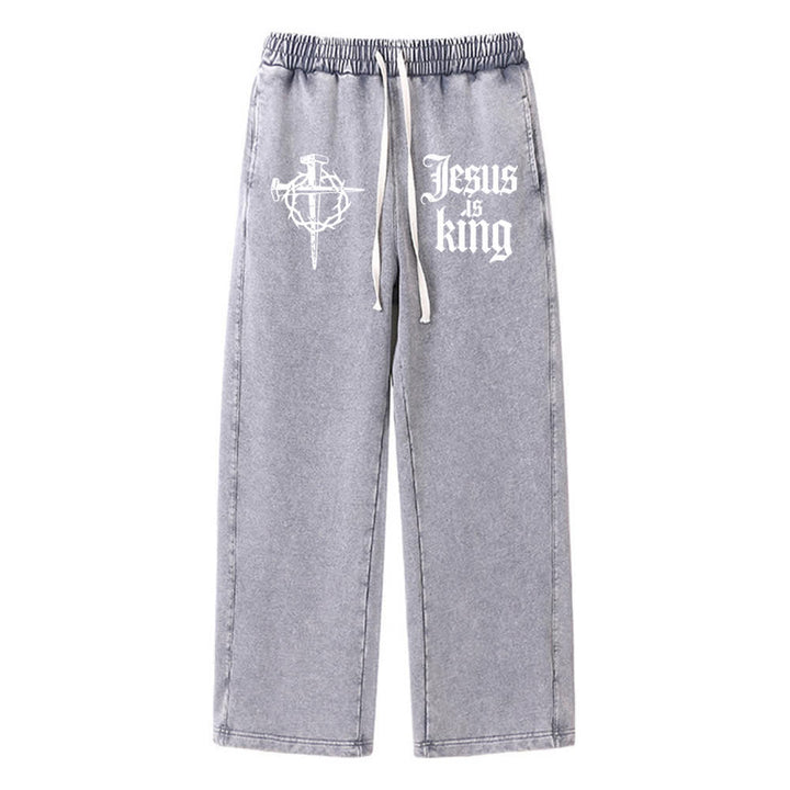 Christianartworkshop Gothic Nail Cross Jesus Is King Statement Washed Sweatpants - Grey - XL - image 3