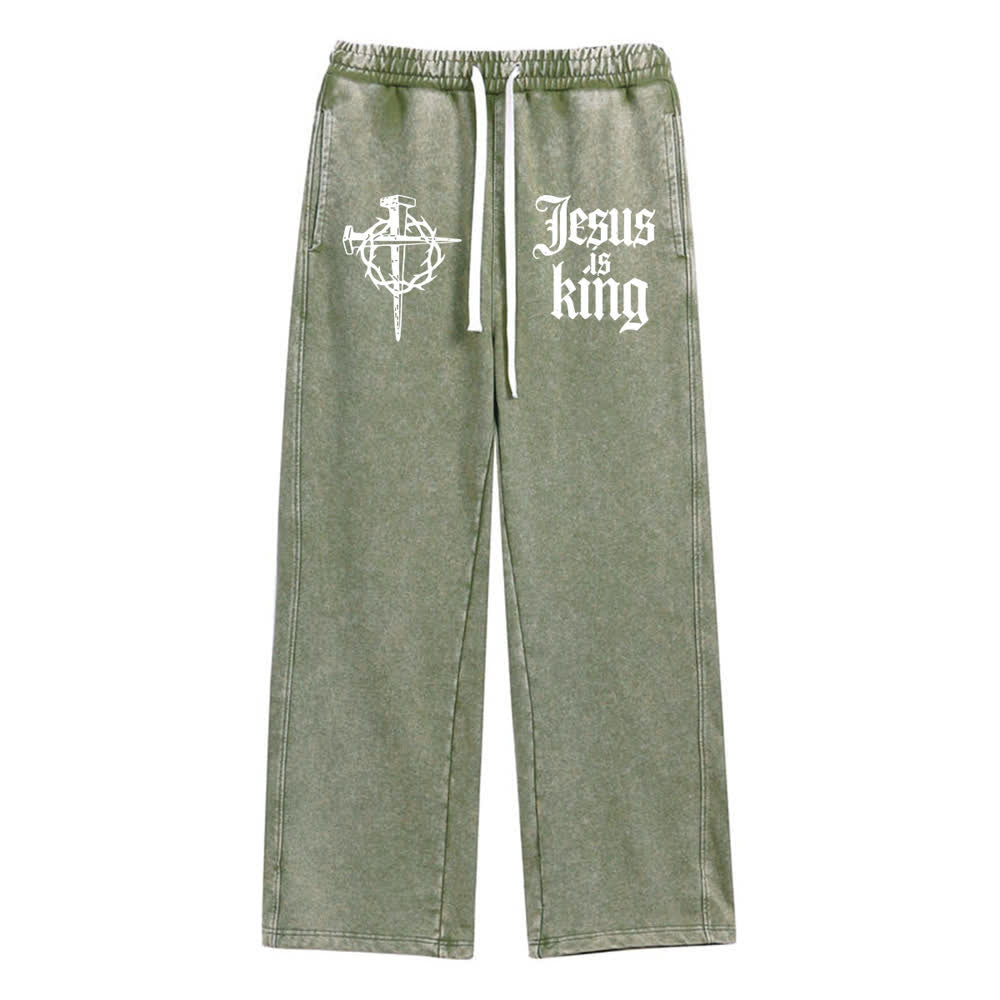 Christianartworkshop Gothic Nail Cross Jesus Is King Statement Washed Sweatpants - Army Green - XL - image 6