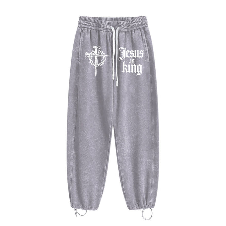 Christianartworkshop Gothic Nail Cross Jesus Is King Statement Washed Sweatpants - image 4