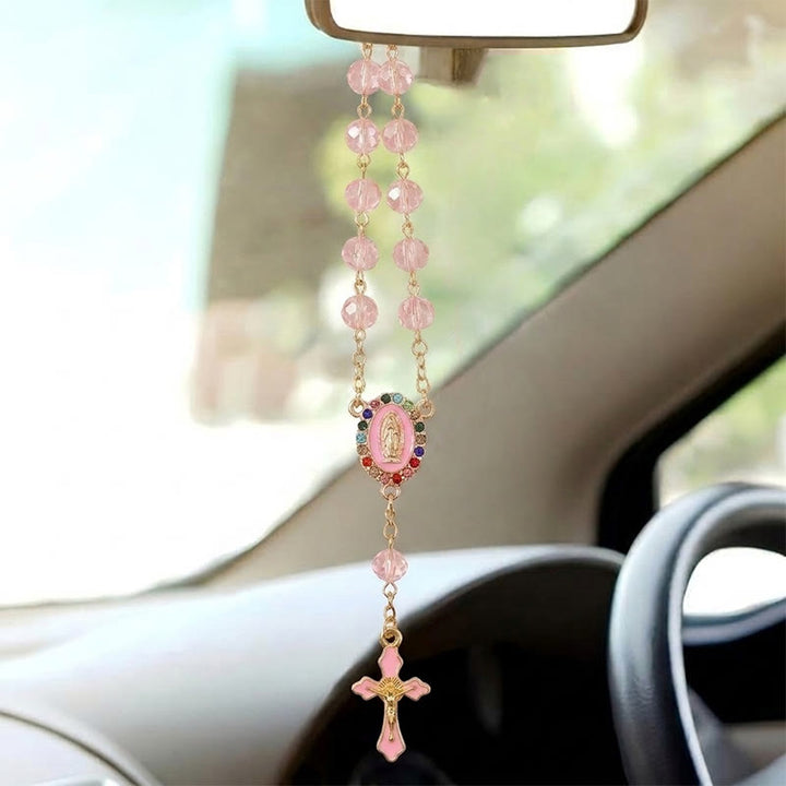 Christianartworkshop Elegant Enamel Medallion Crucifix Car Rosary: Emblem of Peace‑Filled Sacred Comfort - Pink - image 6