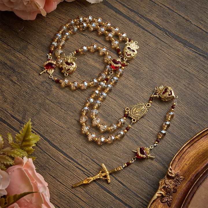 Christianartworkshop Champagne Faceted Glass Rosary With Sacred Heart Charms: Emblem of Enduring Divine Love - image 2