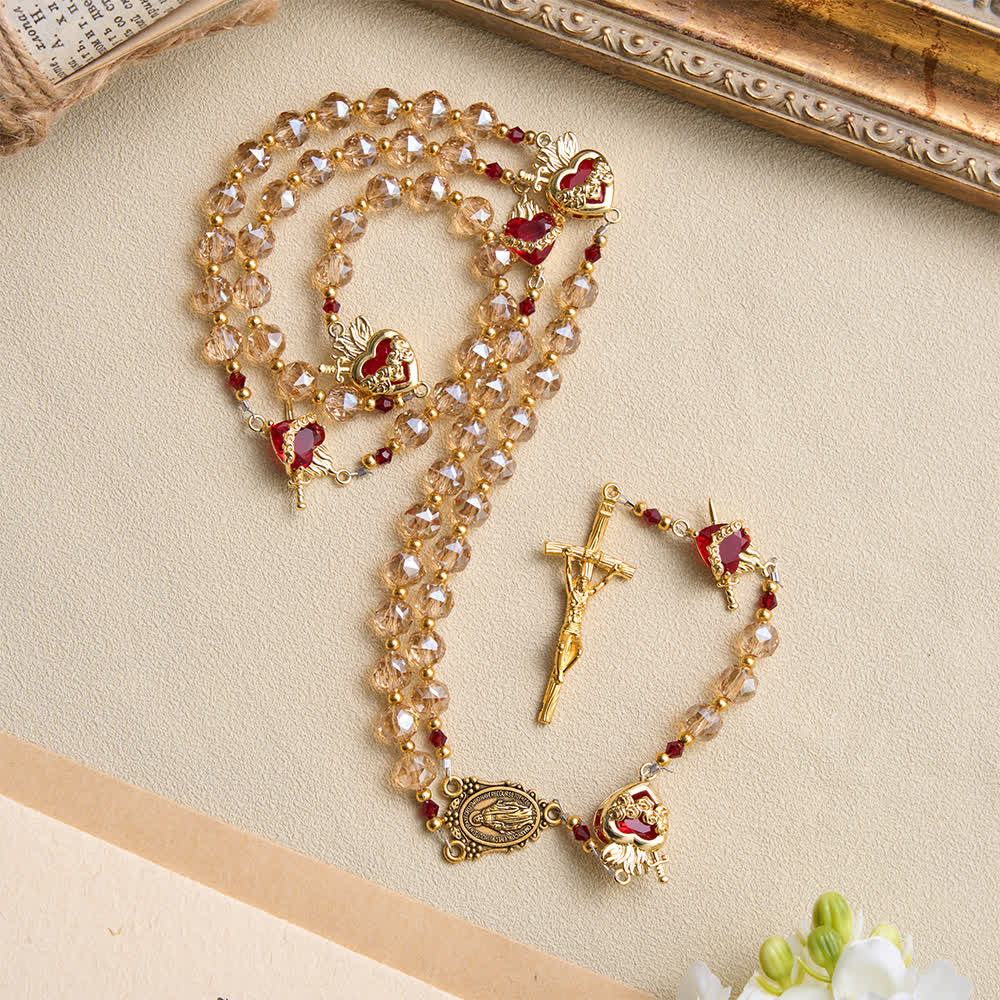Christianartworkshop Champagne Faceted Glass Rosary With Sacred Heart Charms: Emblem of Enduring Divine Love - Sacred Heart Champagne Rosary - image 0