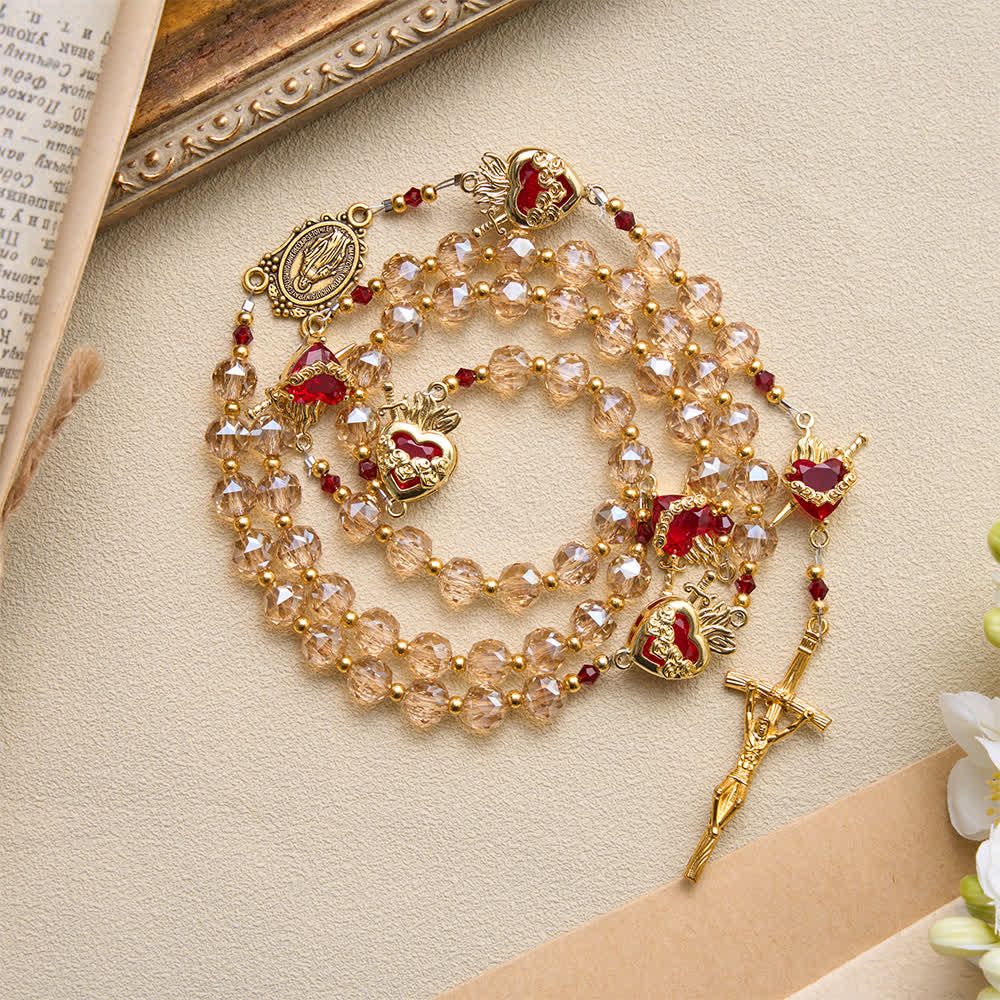 Christianartworkshop Champagne Faceted Glass Rosary With Sacred Heart Charms: Emblem of Enduring Divine Love - image 3