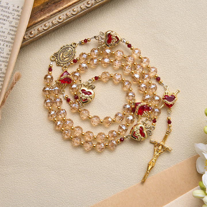 Christianartworkshop Champagne Faceted Glass Rosary With Sacred Heart Charms: Emblem of Enduring Divine Love - image 3