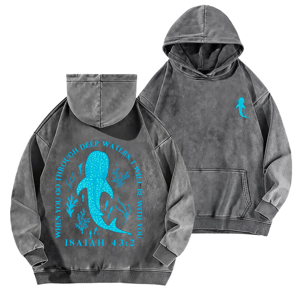 Christianartworkshop Deep Waters Isaiah 43:2 Whale Shark Washed Hoodie - Grey - 5XL - image 9