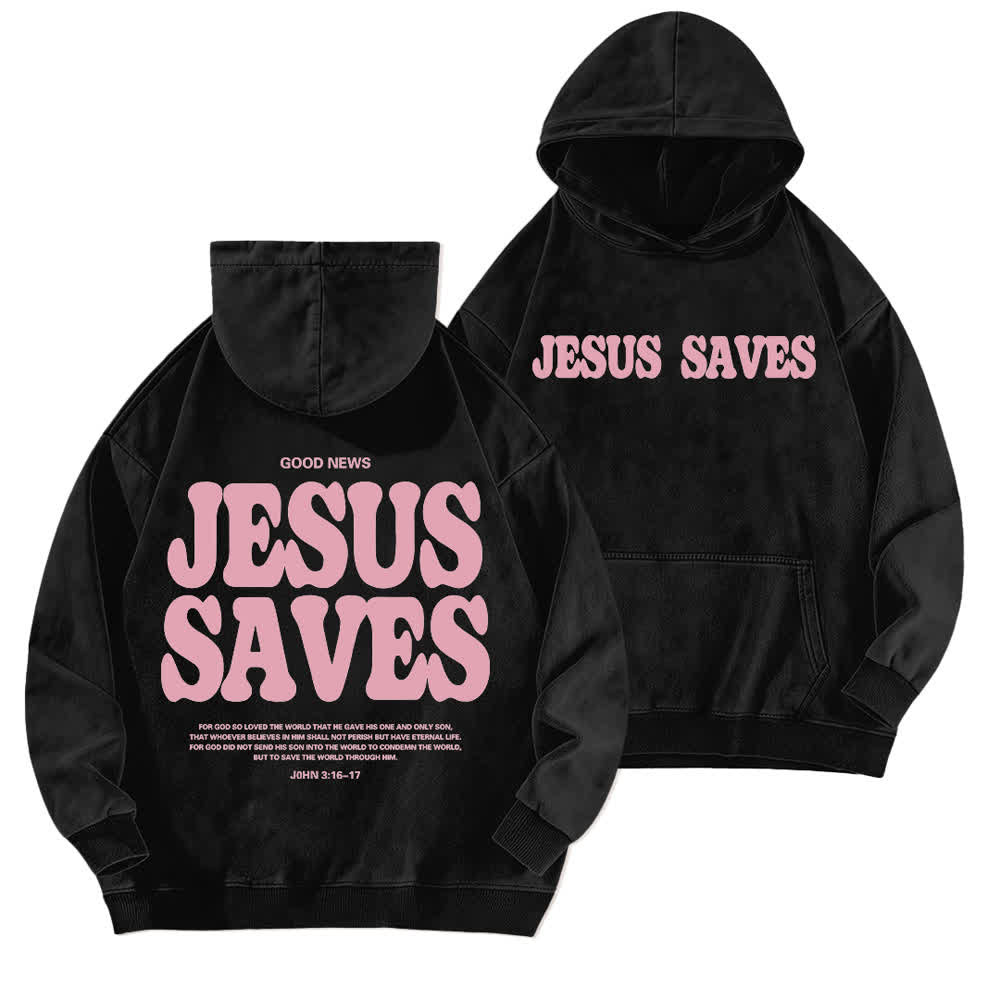 Christianartworkshop Jesus Saves Good News Front And Back Washed Hoodie - Black - 5XL - image 0