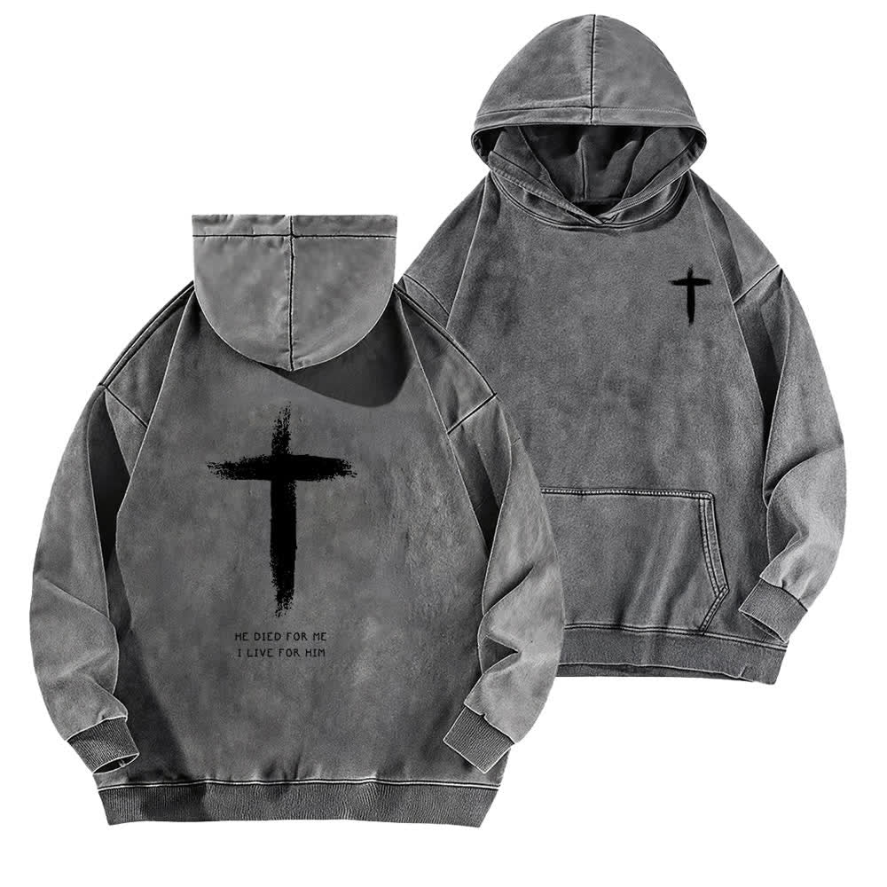 Christianartworkshop He Died For Me Cross Back Print Washed Hoodie - Grey - 5XL - image 6