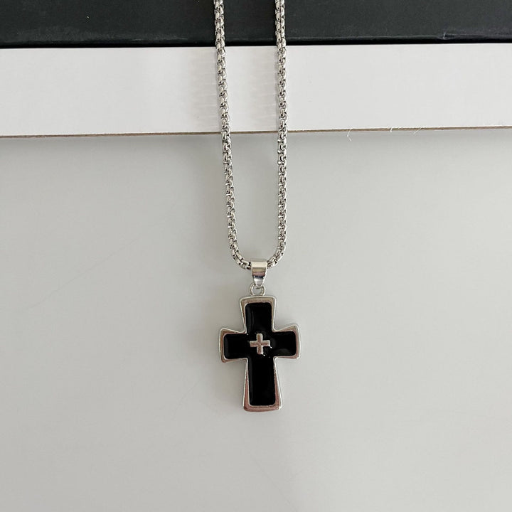 Christianartworkshop Polished Bezel‑Set Double‑Cross Necklace: Emblem of Timeless Heavenly Grace - Black - image 7