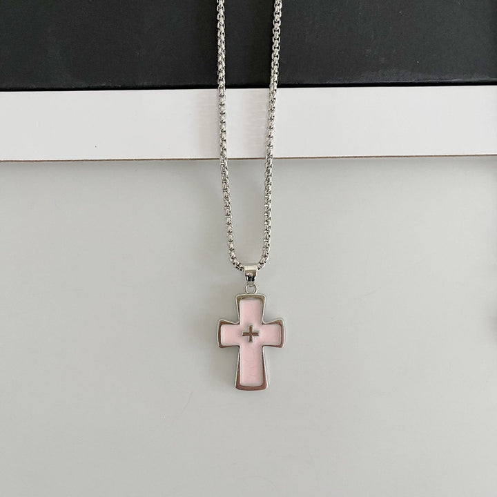 Christianartworkshop Polished Bezel‑Set Double‑Cross Necklace: Emblem of Timeless Heavenly Grace - Pink - image 4
