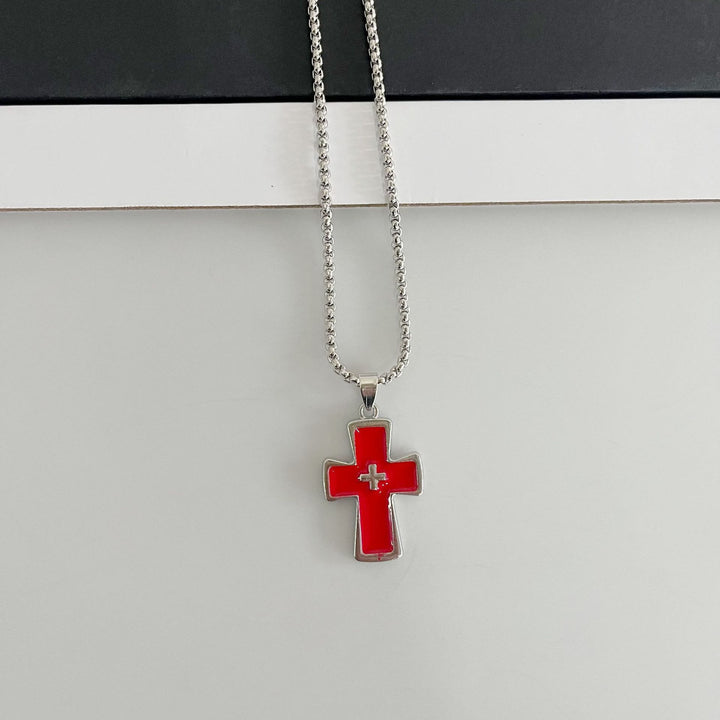 Christianartworkshop Polished Bezel‑Set Double‑Cross Necklace: Emblem of Timeless Heavenly Grace - Red - image 6