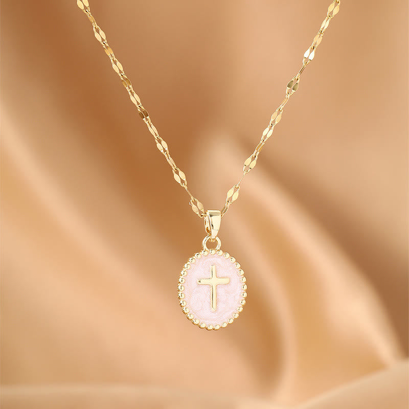 Christianartworkshop Textured Bezel Enamel Cross Oval Necklace: Symbol of Calm Celestial Serenity - White - image 2