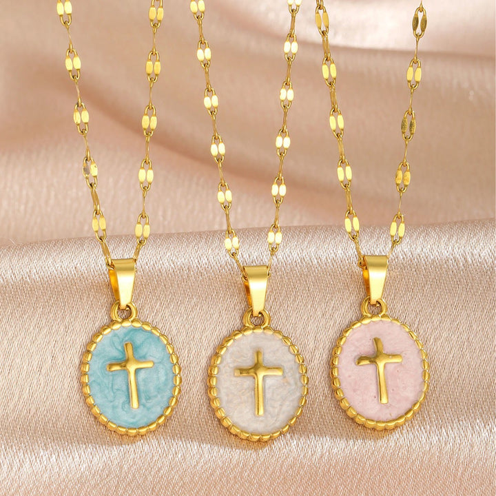 Christianartworkshop Textured Bezel Enamel Cross Oval Necklace: Symbol of Calm Celestial Serenity - image 1