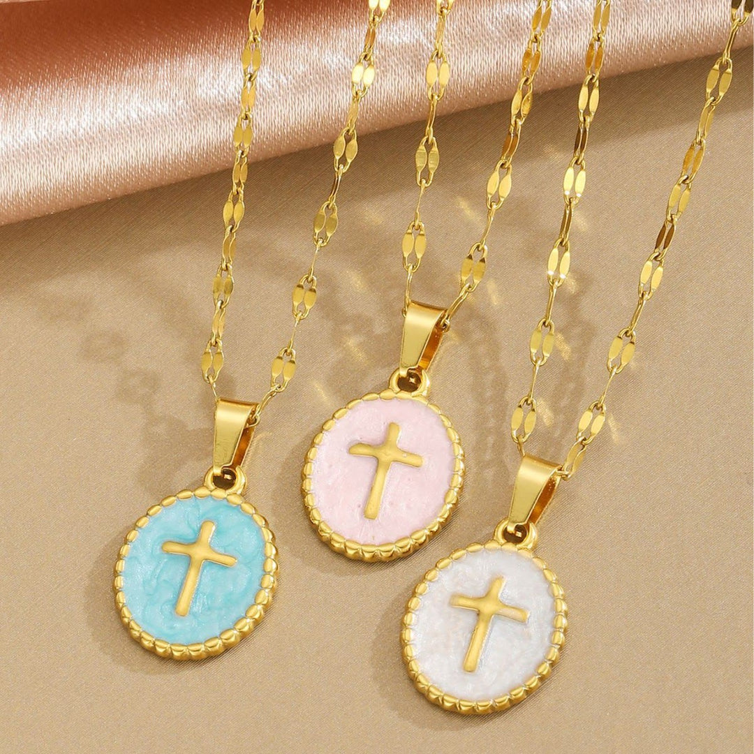 Christianartworkshop Textured Bezel Enamel Cross Oval Necklace: Symbol of Calm Celestial Serenity - image 0