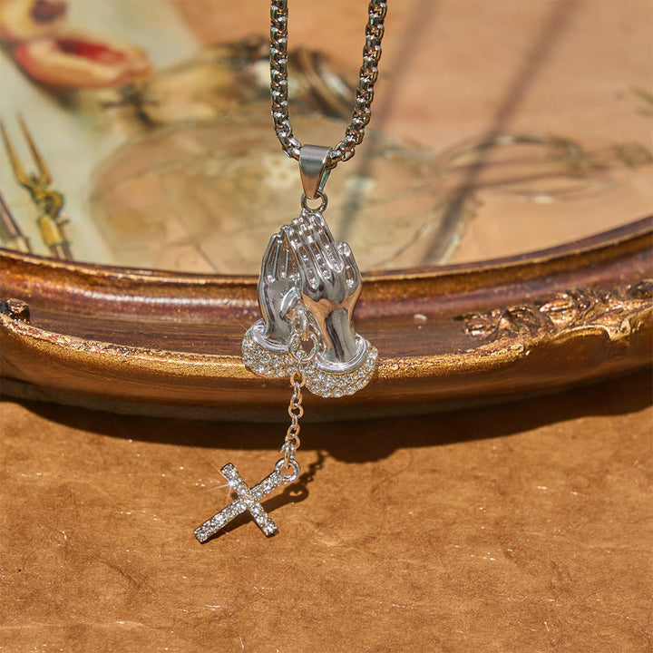 Christianartworkshop Crystal‑Trimmed Praying Hands Cross Necklace: Symbol of Celestial Peace - image 2