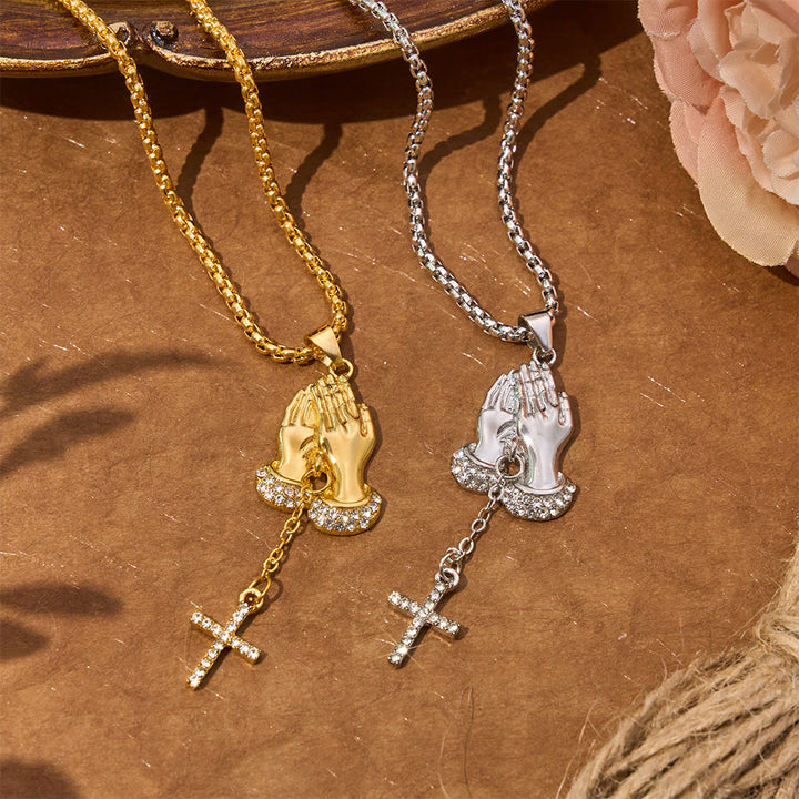 Christianartworkshop Crystal‑Trimmed Praying Hands Cross Necklace: Symbol of Celestial Peace - image 1