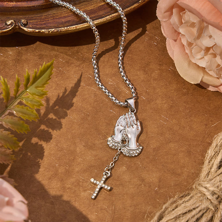 Christianartworkshop Crystal‑Trimmed Praying Hands Cross Necklace: Symbol of Celestial Peace - image 3