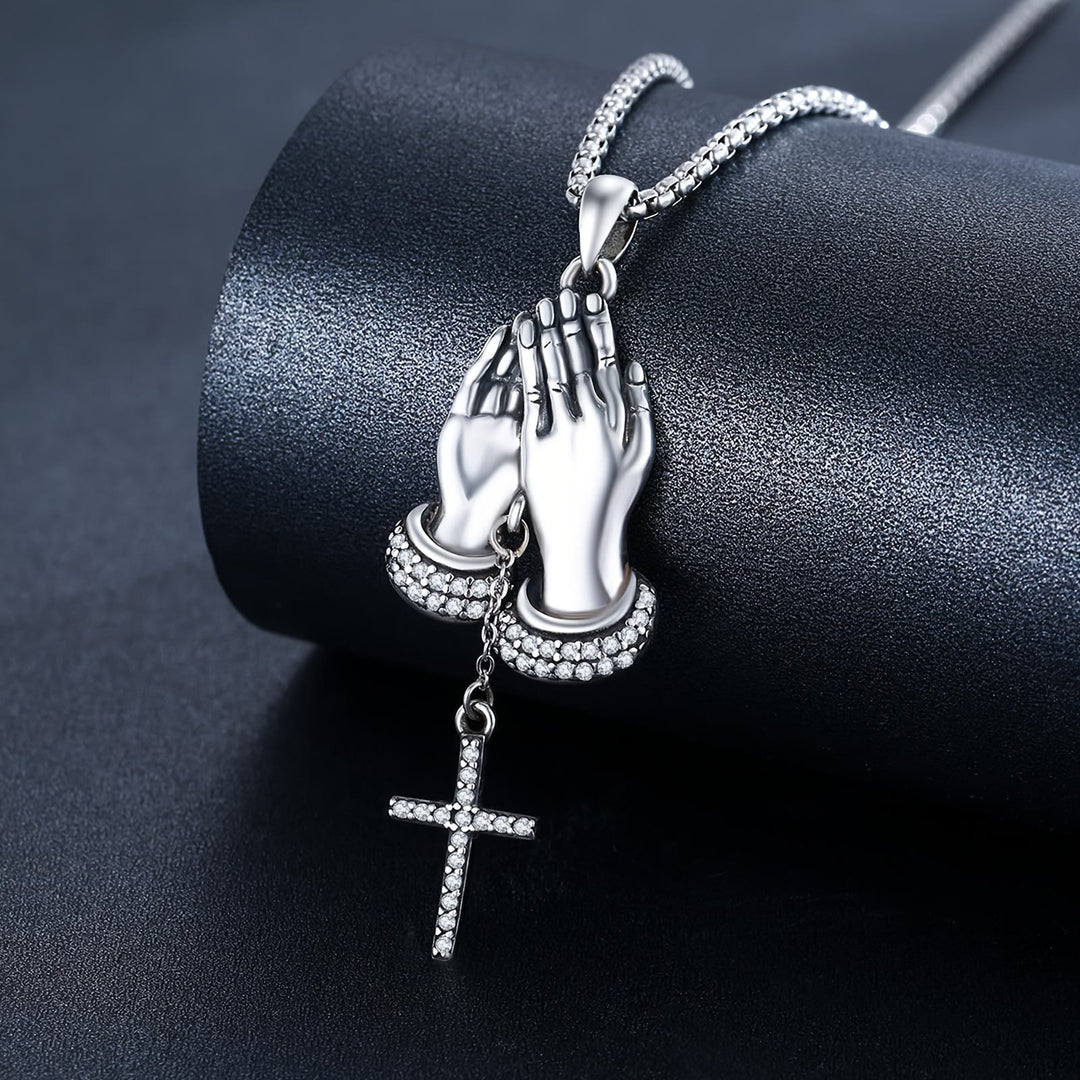 Christianartworkshop Crystal‑Trimmed Praying Hands Cross Necklace: Symbol of Celestial Peace - Silver - image 0