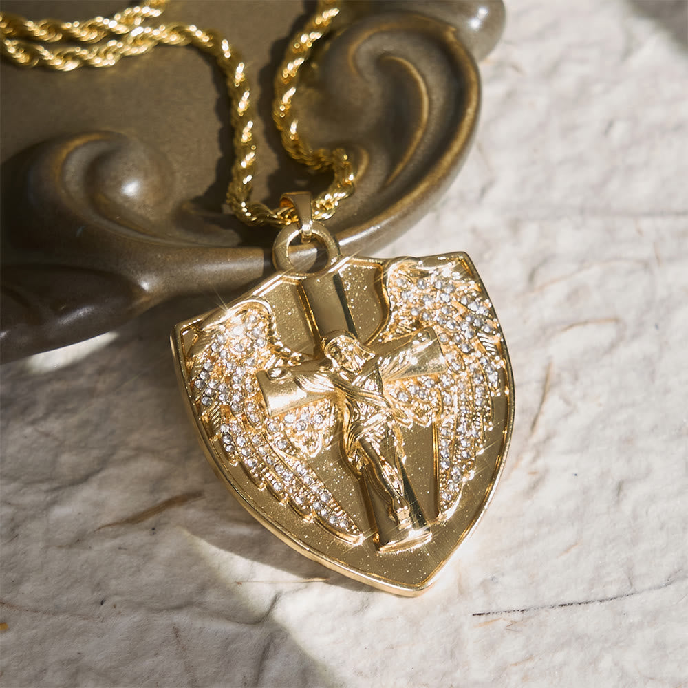 Christianartworkshop Sparkling Stone Shield Crucifix Pendant Necklace: Token of Divine Comfort - Golden - image 0