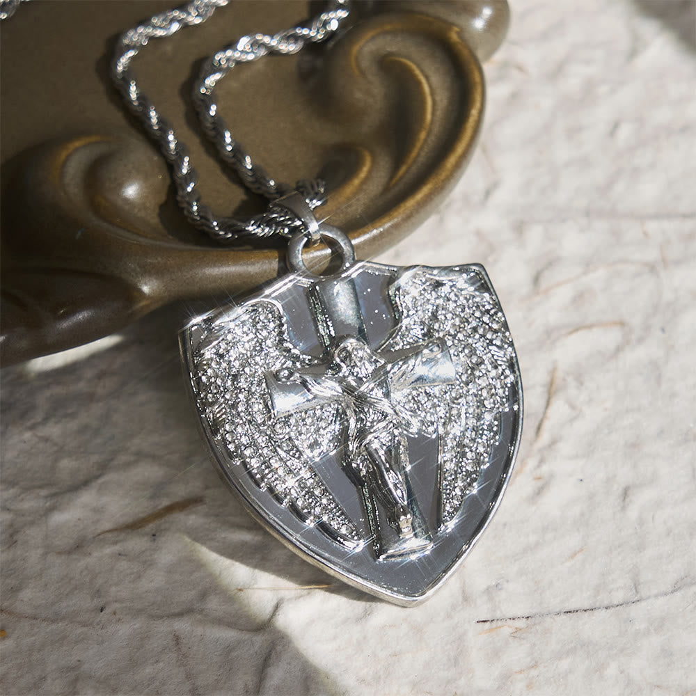 Christianartworkshop Sparkling Stone Shield Crucifix Pendant Necklace: Token of Divine Comfort - Silver - image 3
