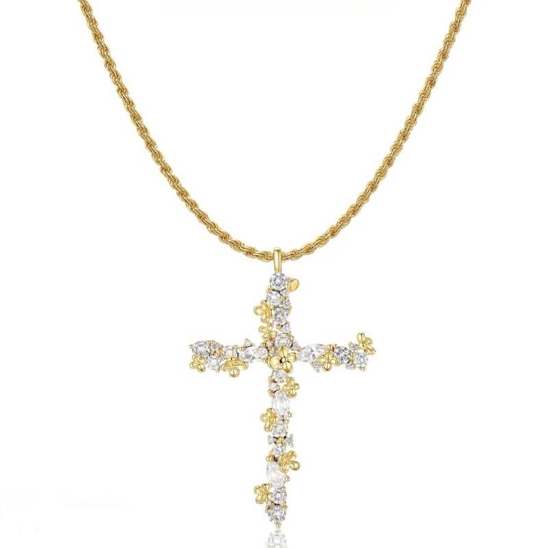 Christianartworkshop Ornate Crystal Floral Cross Pendant Necklace: Token of Divine Shelter - Golden - image 0