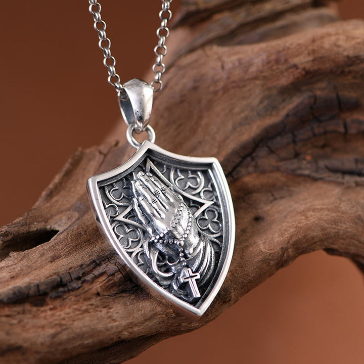 Christianartworkshop Antiqued Relief Praying Hands Shield Statement Necklace: Token of Sincere Piety - image 1