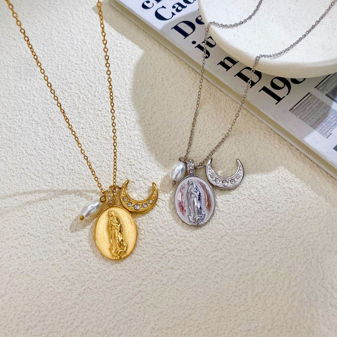 Christianartworkshop Daily‑Wear Our Lady Medal Crescent Moon Pearl Necklace: Sign of Heavenly Guardianship - image 2