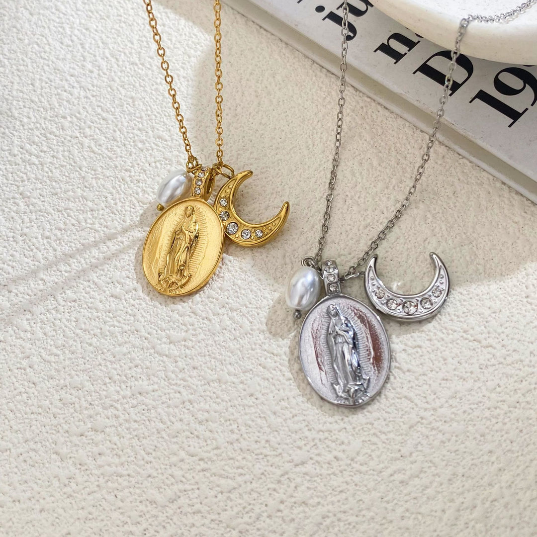 Christianartworkshop Daily‑Wear Our Lady Medal Crescent Moon Pearl Necklace: Sign of Heavenly Guardianship - image 3