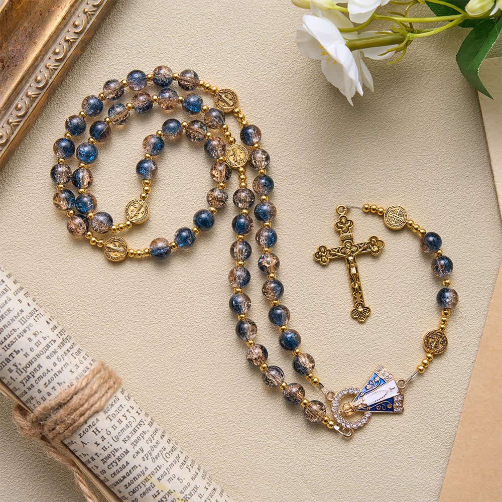 Christianartworkshop Radiant Blue-Champagne Glass‑Bead Vintage Rosary With Our Lady of Aparecida & Detailed Crucifix - Blue-Champagne Rosary - image 0