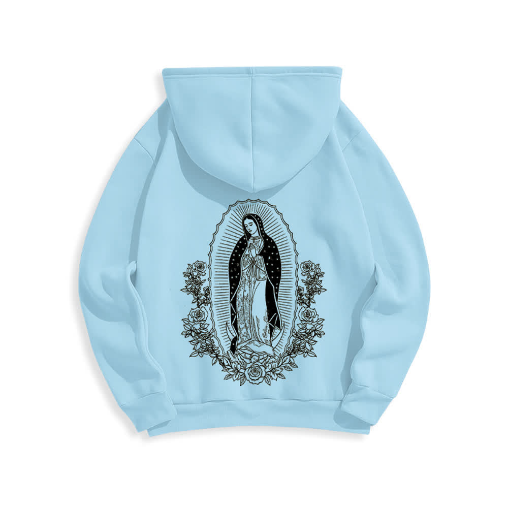 Christianartworkshop Virgin Mary Floral Halo Streetwear Pullover Hoodie - Blue - 2XL - image 0